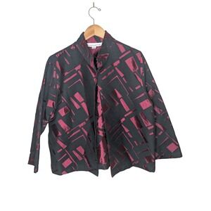 CAROLINE ROSE Geometric Jacquard Evening Jacket Womens L Black Burgundy Art Wear